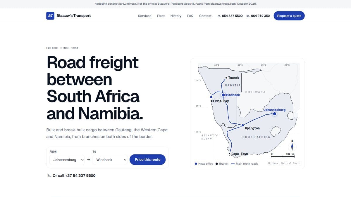Blaauw's Transport redesign concept: hero reading 'Road freight between South Africa and Namibia' beside a survey-style map of the six branches and main trunk roads
